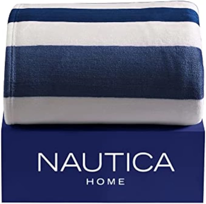 Nautica - King Size Blanket, Micro Flannel Fleece, Soft Blanket, Plush & Cozy Bedding, Striped Americana Decor, Awning Stripe Navy