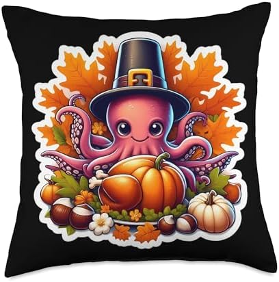 Thanksgiving Octopus Lover Fall Autumn Cottagecore Cute Throw Pillow by Unknown