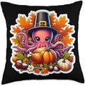 Thanksgiving Octopus Lover Fall Autumn Cottagecore Cute Throw Pillow by Unknown