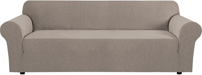 H.VERSAILTEX Stretch Couch Covers for Sofa 1 Piece Slipcovers for Couches and Sofas 3 Seater Couch Cover Feature Thick Checked Jacquard Fabric with Elastic Bottom(Large Sofa 90"-100" Wide, Taupe)