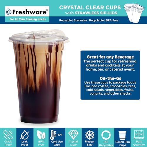 Freshware Clear Plastic Cups with Strawless Sip Lids [100 Cups - 20 oz] Disposable Tumblers for Iced Coffee, Smoothie, Milkshake, Cold Drinks - Image 2