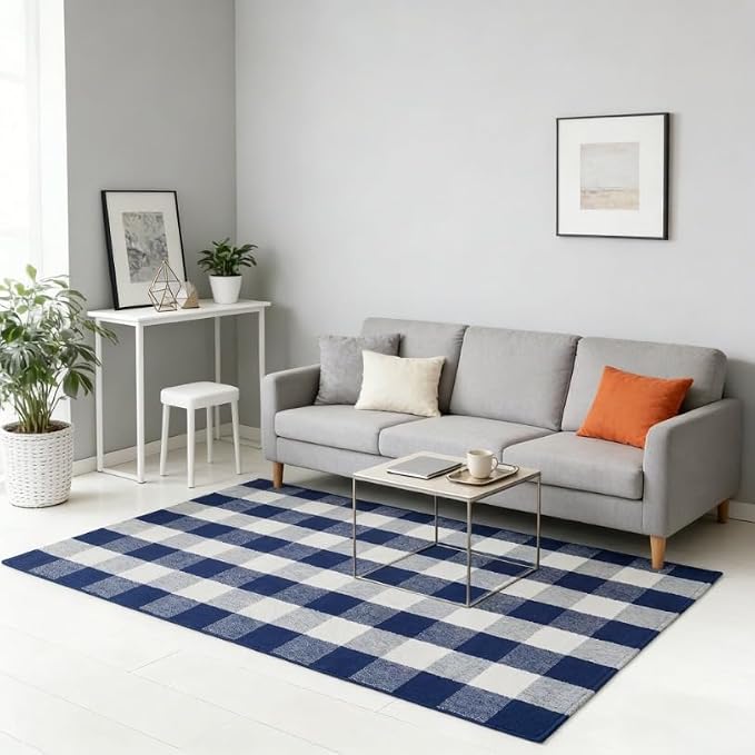 Navy Blue and White Buffalo Plaid Rug 3' x 5', Washable Farmhouse Non-Slip Checkered Doormat, Indoor Outdoor Floor Mat for Living Room, Bedroom, Entryway, Kitchen, Laundry Room
