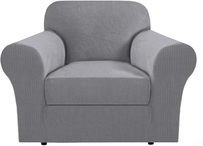 H.VERSAILTEX Stretch Armchair Covers Slipcover 2 Piece Chair Covers for Living Room Furniture Cover Suit for T Cushion/Box Cushion, Spandex Jacquard Fabric Small Checks(Armchair-Standard, Dove)