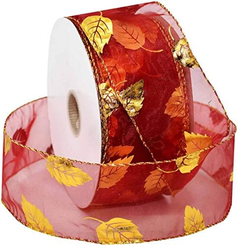 Morex Ribbon Gilded Leaves Wired Organza, Fall Home Décor, 2.5 inch by 50 Yards, Red/Gold by MorexRibbon