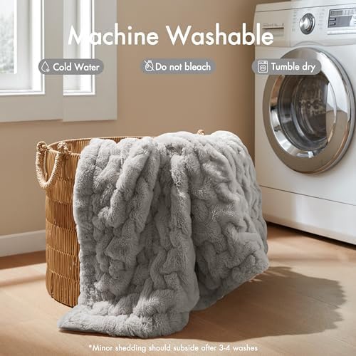 Madison Park Ruched Fur Throw Faux Fur Blanket for Sofa, 50" x 60", Grey | Luxury, Premium, Soft Cozy Brushed Long Pile, All Season Plush Modern OEKO- TEX Certification Warm For Bed, Couch or Sofa