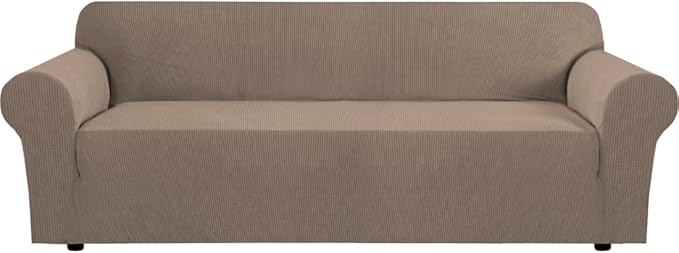 H.VERSAILTEX Stretch Couch Covers for Sofa 1 Piece Slipcovers for Couches and Sofas 3 Seater Couch Cover Feature Thick Checked Jacquard Fabric with Elastic Bottom(Large Sofa 90"-100" Wide, Macchiato)