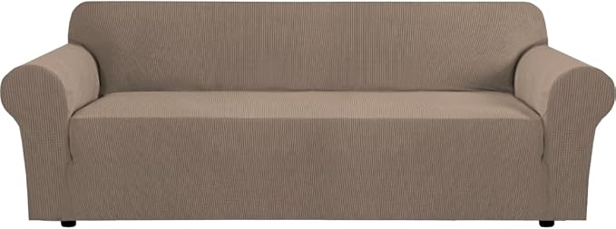 H.VERSAILTEX Stretch Sofa Covers for 3 Cushion Couch Covers Sofa Slipcovers for Living Room Feature Thick Checked Jacquard Fabric with Elastic Bottom(X-Large Sofa 101"-110" Wide, Macchiato)