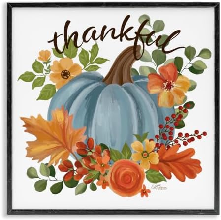 Autumnal Thankful Pumpkin Floral, 17 x 17 Inch Framed Giclée Print by StupellIndustries