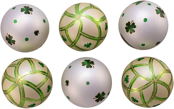 Kurt Adler 80MM Silver and Light Green St. Patrick Glass Ball Ornaments, 6 Piece Box