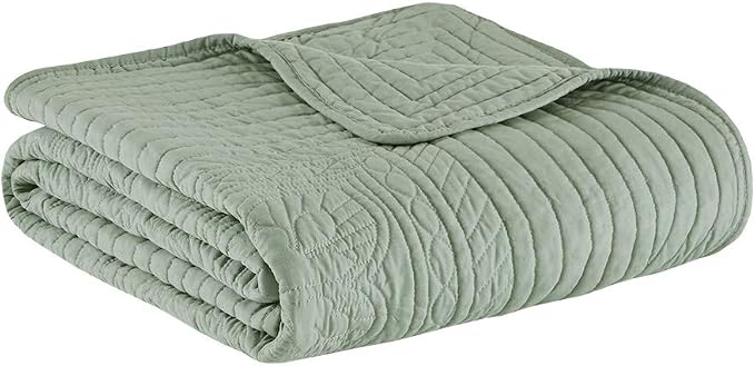 Madison Park Luxe Damask Stitching Throw Blanket, 60"x72" | Cotton Filled Spread, Ultra Soft, Cozy Bedding for Living Room Couch, Sofa, Bed, Scalloped Borders, Seafoam