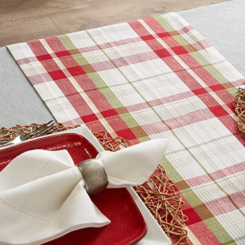 DII Orchard Plaid Collection Linen Tabletop Essentials, Table Runner, 14x72, Taupe/Red - Image 4