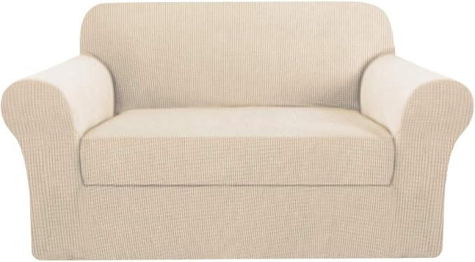 H.VERSAILTEX Loveseat Cover 2 Piece Furniture Protector Suit for T Cushion/Box Cushion Loveseat Cover for Leather, Rich Textured High Spandex Jacquard Fabric Small Checks (Natural)