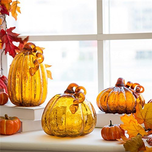 Glitzhome Glass Pumpkin Hand Blown Glass Pumpkin Table Top Home Decor for Fall Harvest & Thanksgiving Decorating, 9" H, Amber - Image 7