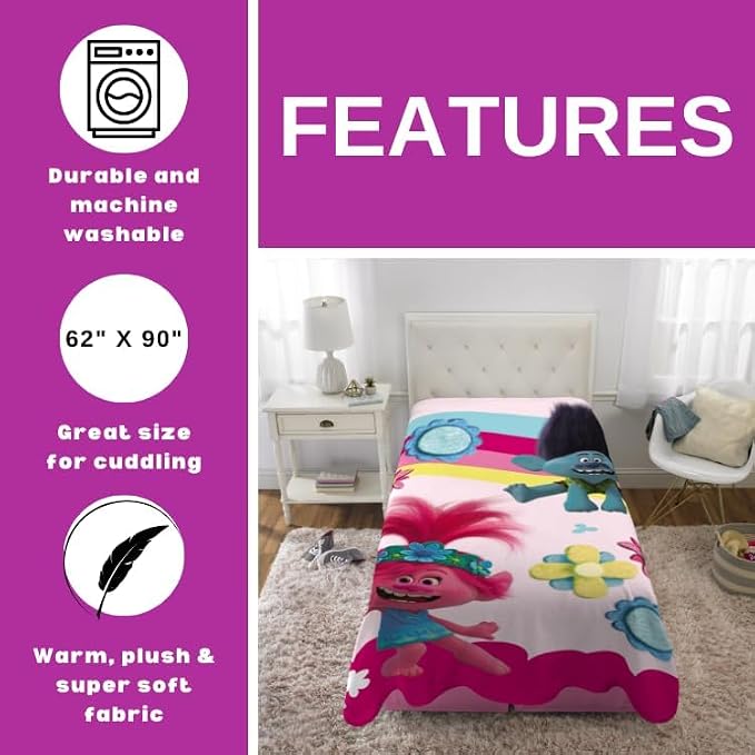 DreamWorks Trolls 2 Kids Bedding Super Soft Plush Micro Raschel Blanket, 62 in x 90 in, (Officially Licensed Product) By Franco