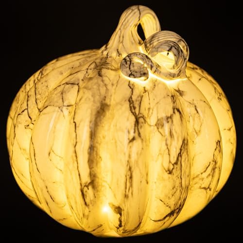 Boston International Handblown Glass Pumpkin with LED Light Thanksgiving Halloween Decorations for Home, Small, Black & White Marble - Image 2