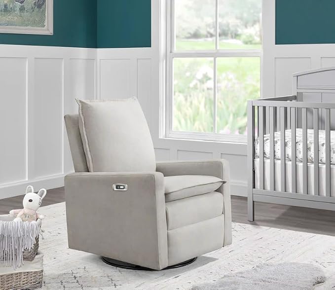 Oxford Baby Uptown Power Upholstered Glider Recliner Rocking Chair 270° Swivel for Nursery and Living Room – Sand, Green Guard Gold Certified