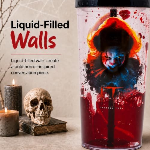 Spoontiques IT Horror Tumbler, 20oz - Liquid Filled Acrylic Cup with Straw - Locking Lid with Straw, Double Wall Insulated, BPA Free