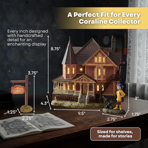 Department 56 Coraline Pink Palace Apartments Village Set – Lighted Building with Figurines for Halloween Village Display, Coraline Decorations, and Movie Collectible Fans