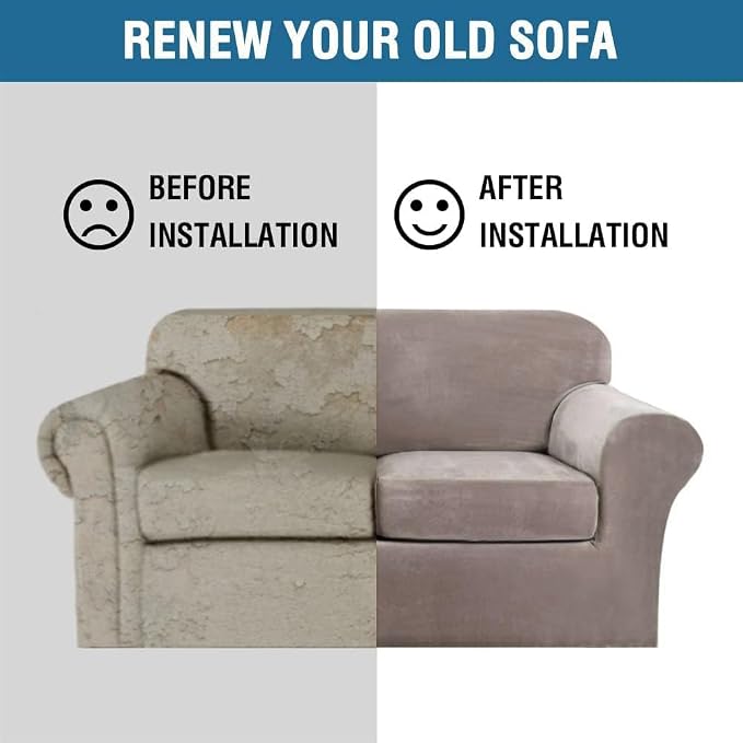 H.VERSAILTEX Real Velvet Plush 3 Piece Stretch Sofa Covers Couch Covers for 2 Cushion Couch Sofa Slipcovers Width Up to 90 Inch Feature Thick Soft Stay in Place (Large Sofa, Taupe)