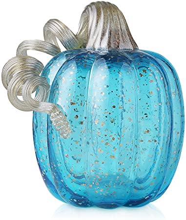 Glitzhome Hand Blown Glass Pumpkin Decor 6" Blue - Artisan Fall Table Centerpiece for Thanksgiving Harvest Home Decor Halloween Displays