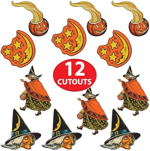 Beistle Vintage Halloween Cutouts, 12 Count, Retro-Inspired Witches and Moons, Classic Wall and Window Decorations for Haunted House and Party Displays, 6.5” - 10.5”