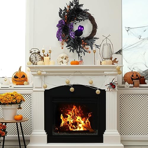 Takywep 22 Inch Halloween Wreaths for Front Door, Half Circle Prelit Owl Wreath with Lighted Eyes, Willow Leaves and Purple Bow for Porch Wall Window Fireplace Decor - Image 4