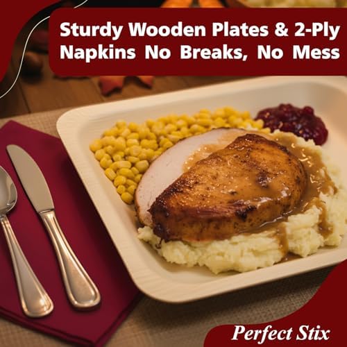 Perfect Stix Thanksgiving Plates and Napkins Set – 25 Large 10-Inch & 25 Small 7-Inch Eco-Friendly Wooden Plates with 50 Burgundy 2-Ply Dinner Napkins –Thanksgiving & Friendsgiving Gatherings - Image 5