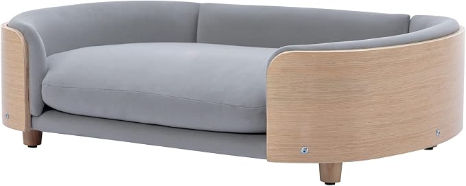 Hayaz Dog Bed Pet Sofa, House Dog Cat Bed, Large Size Pet Bed with Solid Wood Frame & Washable Velvet Cushion, Modern Pet Furniture for Cats and Small to Medium Dogs, Light Gray+Natural