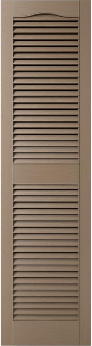 12"W x 25"H Lifetime Vinyl, Standard Cathedral Top Center Mullion, Open Louver Shutters, w/Installation Shutter-Lok's & Matching Screws (Per Pair), French Roast