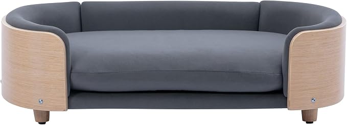 Hayaz Dog Bed Pet Sofa, House Dog Cat Bed, Large Size Pet Bed with Solid Wood Frame & Washable Velvet Cushion, Modern Pet Furniture for Cats and Small to Medium Dogs, Dark Gray+Natural