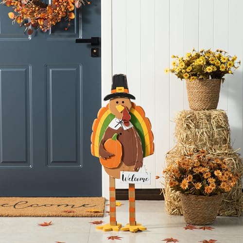 Glitzhome 30'H Thanksgiving Wood Turkey Porch Sign, Farmhouse Turkey Pumpkin Welcome Standing Decor for Fall Harvest, Rustic Autumn Decor by Glitzhome