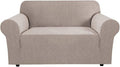 H.VERSAILTEX Stretch Couch Cover Loveseat Covers for 2 Cushion Couch Slipcover|Sofa Cover for Love seat 1 Piece with Elastic Bottom, Checked Jacquard Fabric(Loveseat 58'-70' Wide, Sand)