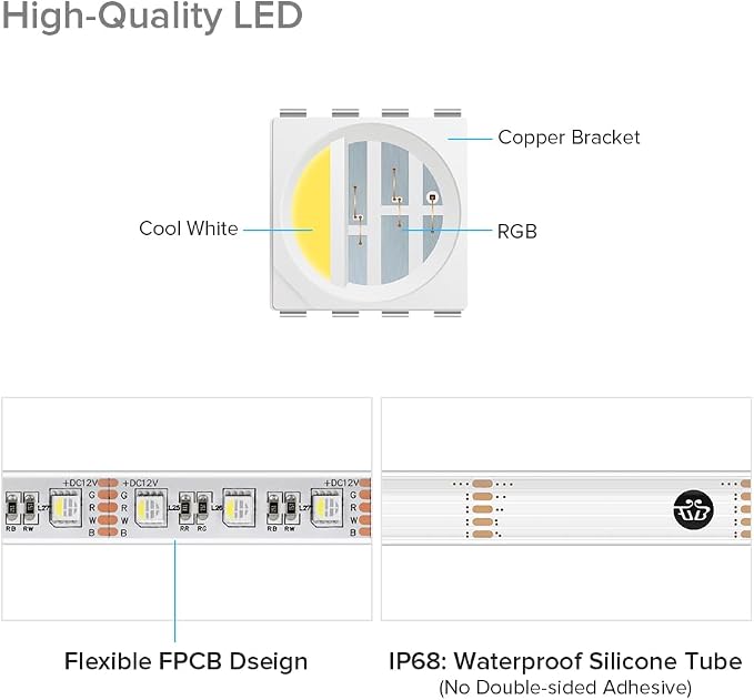 BTF-LIGHTING IP68 Waterproof Outdoor RGBW LED Strip 5050SMD RGB+Cool White(6000K-7000K) 4 Color in 1 DC12V 5m 16.4ft 60LED/m Multi-Colored Light White PCB Can Work Outdoor(No Adapter or Controller)