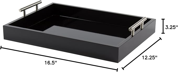 Kate and Laurel Lipton Decorative Tray with Polished Metal Handles, Black and Silver