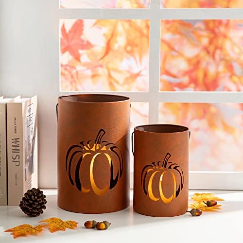 Glitzhome 2 Pack Halloween Cutout Pumpkin Lantern Candle Holder Bucket Thanksgiving Metal Standing or Hanging Porch Signs Decor, Orange - Image 6