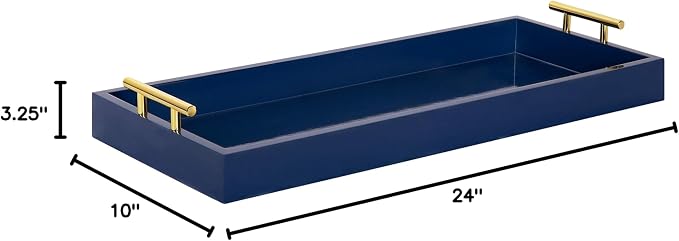Kate and Laurel Lipton Narrow Decorative Tray with Polished Metal Handles, 10" x 24", Navy Blue and Gold, Chic Accent Tray for Display and Storage