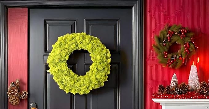 SuperMoss (25189) Lush Reindeer Moss Wreath – Handcrafted Preserved Moss Wreath for Home Décor, Indoor & Sheltered Outdoor Use, Made in USA, 12”, Chartreuse