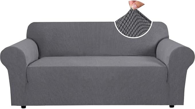 H.VERSAILTEX Stretch Sofa Covers for 3 Cushion Couch Covers Sofa Slipcovers for Living Room Feature Thick Checked Jacquard Fabric with Elastic Bottom, Sofa Large - Grey