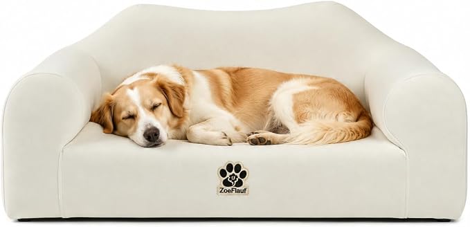 Human & Pet Shared Dog Sofa, Solid Pine Wood Frame with High Resilience Foam, Indoor Pet Furniture(Cream White)