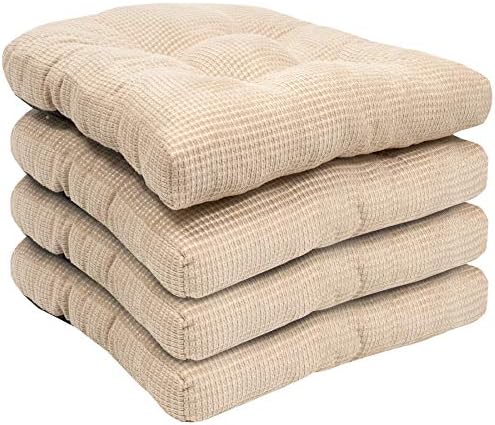 Sweet Home Collection Chair Cushion Crushed Memory Foam Pads Premium Slip Non Skid Microdot Rubber Back Tufted 16" x 16" x 3.25" Thick Seat Cover, 4 Pack, Linen, Fluffy Chair Cushion - Image 2