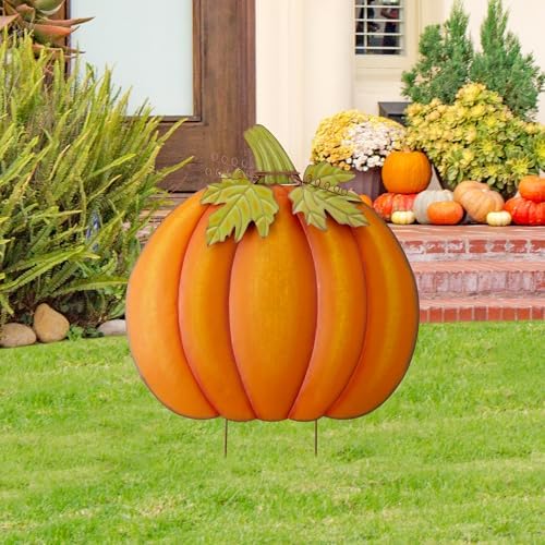 Glitzhome Fall Decorations Outdoor 37.5" Large Metal Pumpkin Decor Yard Stake or Hanging Sign for Home Outside Garden Lawn Porch Thanksgiving Decorating - Image 2