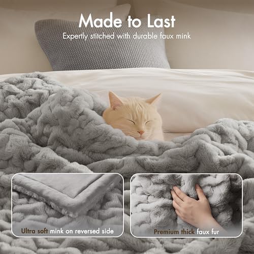 Madison Park Ruched Fur Throw Faux Fur Blanket for Sofa, 50" x 60", Grey | Luxury, Premium, Soft Cozy Brushed Long Pile, All Season Plush Modern OEKO- TEX Certification Warm For Bed, Couch or Sofa