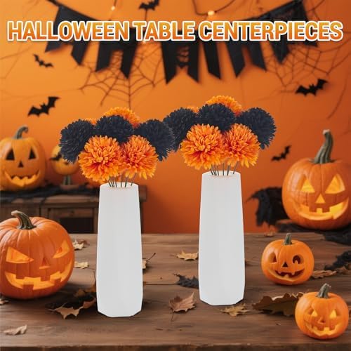 Takywep 20 Pcs Faux Chrysanthemum Set, Black Orange Fall Flowers + 2 White Vases, Table Decor for Gothic Wedding, Christmas & Halloween - Image 2