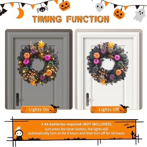 Takywep 20 Inch Halloween Wreaths for Front Door with Lights, Prelit Pumpkin Wreaths with Black Branch Berries Maple Leaves, Halloween Decorations for Indoor Outdoor Window Wall Decor - Image 3