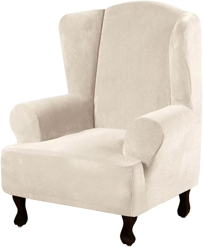 H.VERSAILTEX Wingback Chair Covers Velvet Plush Wing Chair Slipcover 1 Piece High Stretch Wing Back Chair Slipcovers Sofa Cover Furniture Cover with Elastic Bottom, Ivory