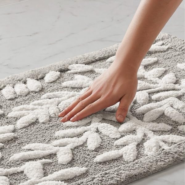Madison Park Serene Tufted Bath Rug Cotton Absorbent, 21 x 34, Grey | Quick Dry, Soft Pile, Machine Washable, Floral Pattern, Plush, OEKO-TEX Certified