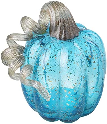 Glitzhome Hand Blown Glass Pumpkin Decor 6" Blue - Artisan Fall Table Centerpiece for Thanksgiving Harvest Home Decor Halloween Displays