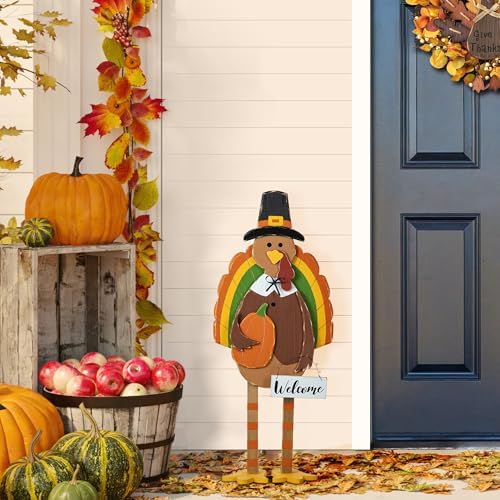 Glitzhome 30'H Thanksgiving Wood Turkey Porch Sign, Farmhouse Turkey Pumpkin Welcome Standing Decor for Fall Harvest, Rustic Autumn Decor - Image 3
