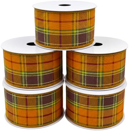 Morex Ribbon Fall Harvest Plaid Wired Ribbons, Fall Home Décor, Orange and Brown, Golden Metallic, 5 Pack 2-1/2" x 10yd by MorexRibbon