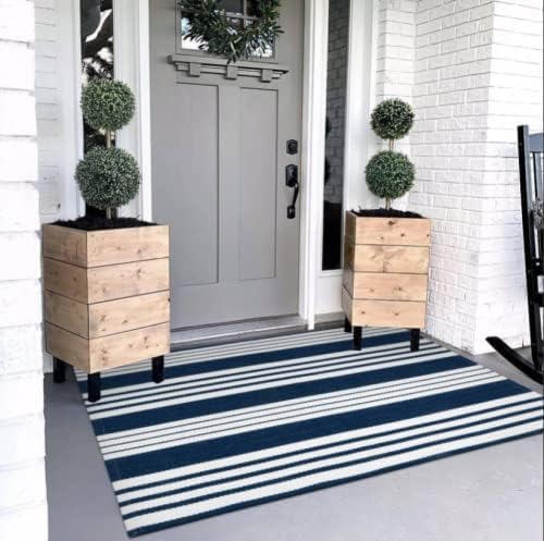 OJIA Blue & White Outdoor Rug 3'x5' Front Porch Rug Outdoor Mat Patio Decor | Cotton Woven Striped Patio Rug Machine Washable Indoor Outdoor Rugs Entry Layered Door Mats for Entryway/Front Door Entrance